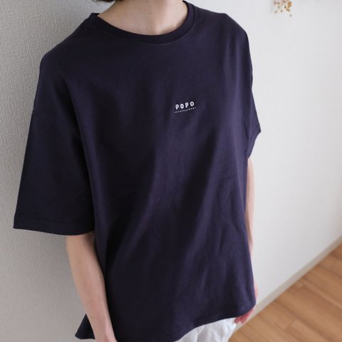 ビッグサイズ　刺繍POPOロゴ半袖Tシャツ　ユニセックス　ネイビー