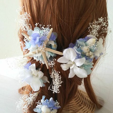 【カラー変更OK】スターフィッシュ　ヘッドドレス 花 髪飾り 結婚式 蘭  ブルー×ホワイト  リゾート ウェディング