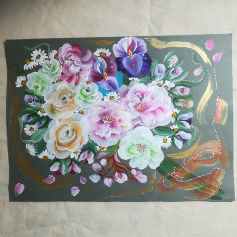 花束3　トールペイント　手描き　ハンドメイド　絵画