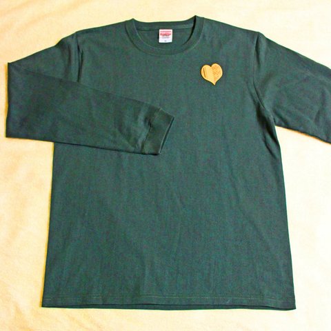 「博多ハート」長袖　綿　Tシャツ　L　ユニセックス　グリーン×イエロー（LT-10）