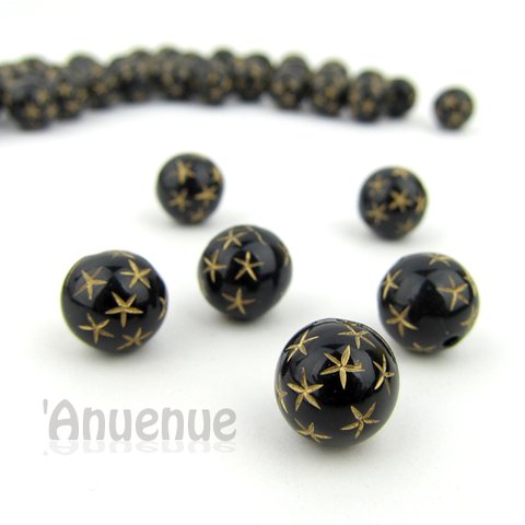 アンティークデザイン Black Acrylic Beads 【Gold STAR ball】20個