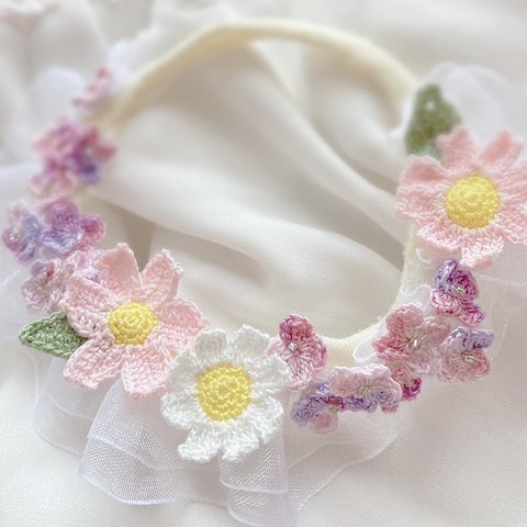 【受注販売】ピンクとグラデーションのお花がふんわり可愛い♡チュールとお花のベビーヘアバンド