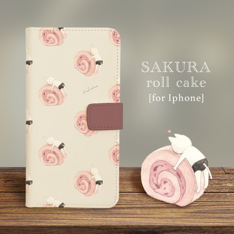 【iPhone専用】ネコぱんと桜ロールケーキの手帳型スマホケース