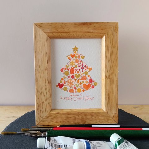 オレンジのクリスマスツリー＊フレーム付きですぐに飾れる小さな原画＊