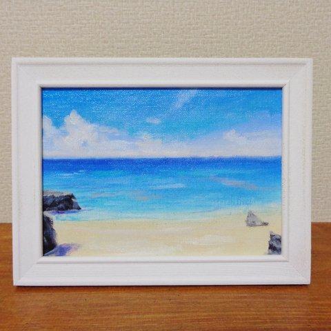 油絵原画『碧い海』　額縁付き