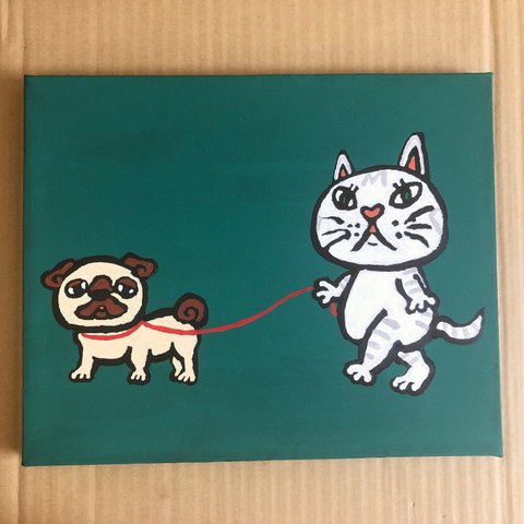 【送料無料】 キャンバス原画   「犬を散歩する猫」