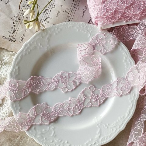 1m 美しい 花 フラワー刺繍 チュールレース BK220112 ピンク ハンドメイド 手芸 素材 材料