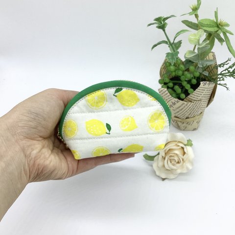 【再販】ミニポーチ☆爽やかレモン🍋柄＆ドット（白）小銭入れ　イヤフォンケース