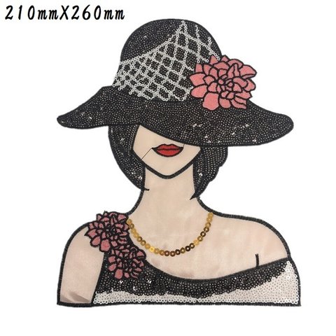 ガール 1枚 ワッペン 260mmX210mm 女の子 スパンコール 帽子 花 キラキラ アップリケ 刺繍 アイロン接着