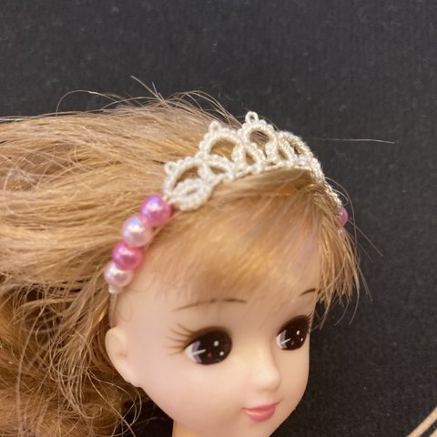 受注製作　手編みレースのティアラ風ヘアバンド　ピンク(リカちゃんサイズドール用) タティングレース