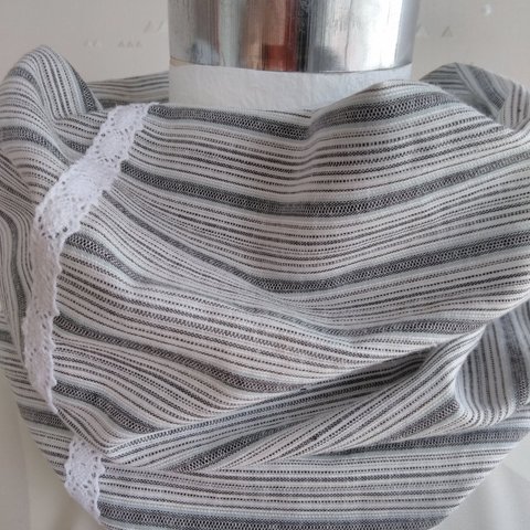 夏用生地涼しい飾りレース白グレーボーダー織り1重巻き用スヌード
