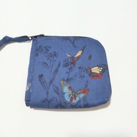 【再販】草花と昆虫柄のL字ファスナー財布(紺)