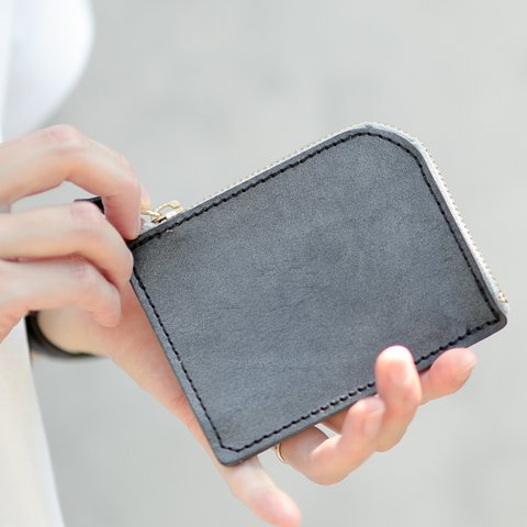 送料無料 国産ブライドルレザー 薄型 極小 L字ファスナー コンパクト ウォレット 財布 FARIA ヌメ革 ブラック