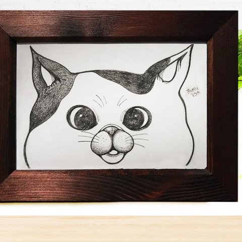 鉛筆画「笑顔の三毛猫」