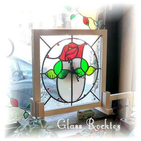 アンティーク ステンドグラス 時計 「薔薇」 置き、壁掛け兼用
