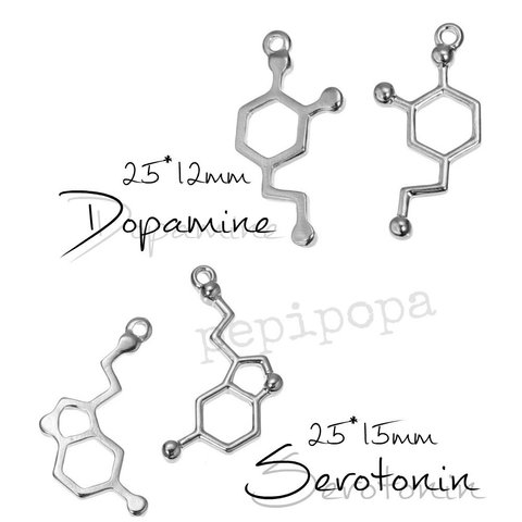 【再販８】化学チャーム 構造式 理科系アクセ 個性的 ドーパミン セロトニン シルバー/KCゴールド ６個セット