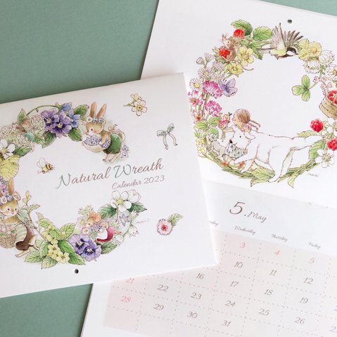 Calendar 2023 Natural Wreath  (おまけのポストカード付） カレンダー　リース　動物　インテリア　グリーン　ハーブ　雑貨　ドライフラワー　２０２３　ハンドメイド 　犬　猫　