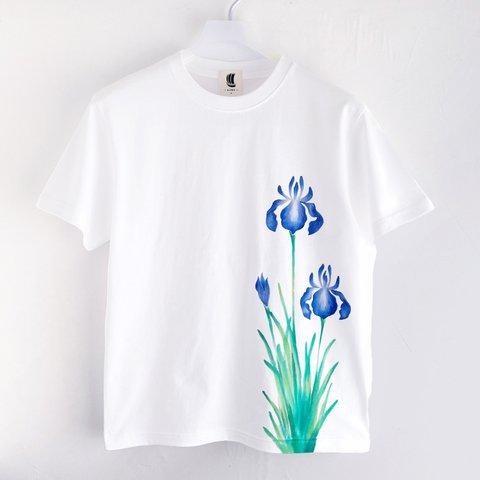 手描きカキツバタ柄Tシャツ ホワイト 燕子花 花柄 春 和風 和柄