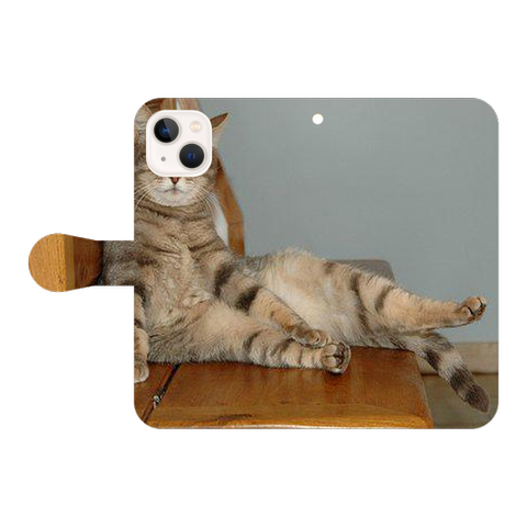 猫 座っています 木製のベンチ スマホケース 手帳型 mys003538