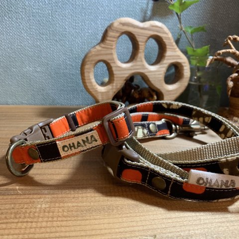 🐾sale🐾¥4200→¥2100＊セット販売＊首輪&リード＊オレンジ系アフリカン柄＊小型犬用＊リード持ち手バックル付き