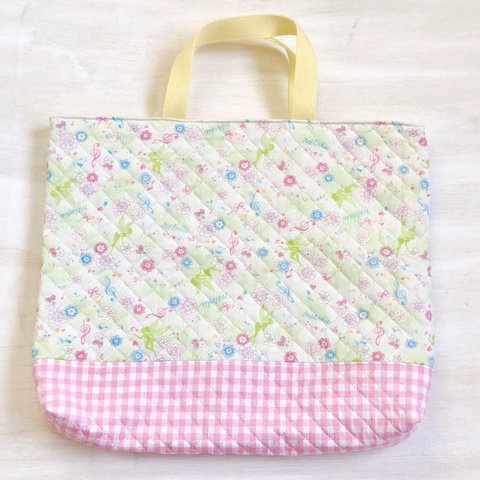 通園バッグ☆32×43マチ6cm☆【ティンカーベルシルエット柄】★TB.  幼稚園バッグ　トートバッグ　キルティング　レッスンバッグ　妖精　女の子｜Hoshizora☆ほしぞら