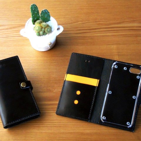 手帳型 iPhone6,6s＆7対応ケース　--オレンジ --　牛革　皮　ハンドメイド　手作り