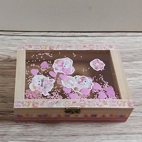 【名入れ】アクセサリーケース ギフトボックス ピンク ネコ 花 ハート 木箱