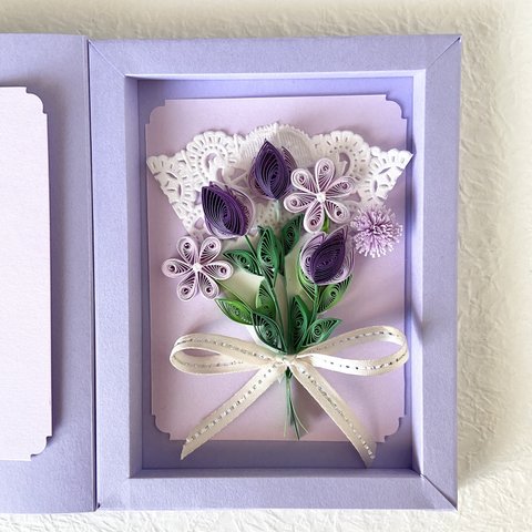 チューリップ　メッセージカード 1♦︎ペーパークイリング　メッセージカード　　誕生日　母の日　お祝い　古希　ペーパーフラワー　紫　むらさき