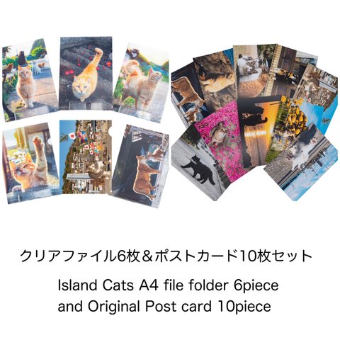 クリアファイル6枚＆ポストカード10枚セット　Island Cats A4 file folder 6piece and Original Post card 10piece