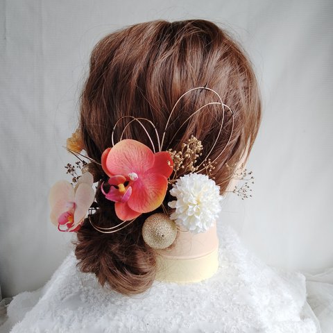 ふた色の胡蝶蘭　成人式　卒業式　結婚式　着物　振袖　袴　和装ヘアアクセサリー　花嫁ヘアアクセサリー　タイトシニヨン　シニヨンヘア　水引　水引き　和玉　鞠玉　水引アレンジ　水引きアレンジ