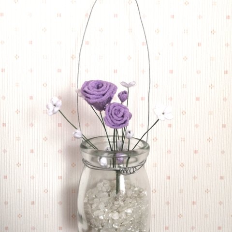 ♡バラと白い小花♡　約11cm　つまみ細工　薄紫✕白　(壁飾り、スワッグ、花束)
