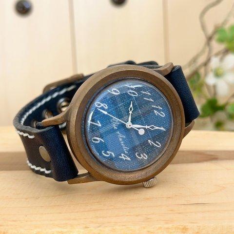 手作り腕時計　Via Aurelia (タータンチェックBlue & Navy Blue)  --- アンティークでシンプルな男性、女性兼用腕時計。ベルトは牛革を使用。