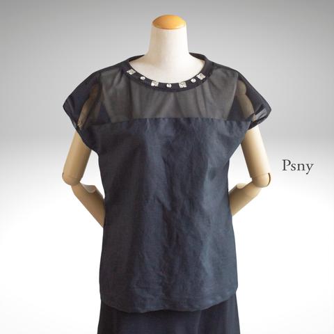 PSNY 大人色っぽいフレンチスリーブリネンTシャツ - シースルー・トップス TP06