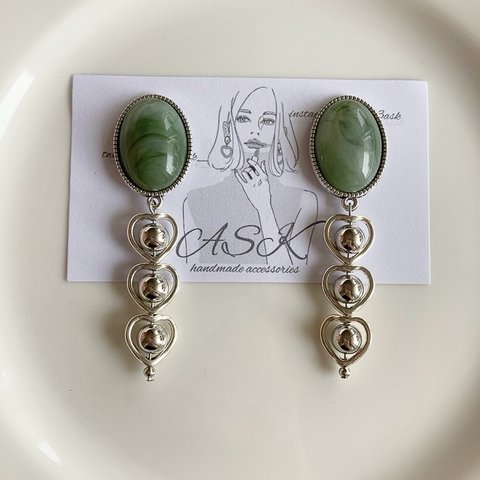 ❃◦○グリーンマーブル×シルバーハートピアス/イヤリング＊P210602❃◦○