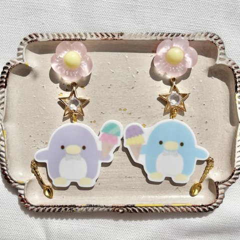 アイス🍦を持ったペンギンとヴィンテージ 星のピアス　イヤリング　　ブローチ　昭和レトロ　レトロポップ　ファンシー　大ぶり　ピンク　個性的　メルヘン　パステルカラー