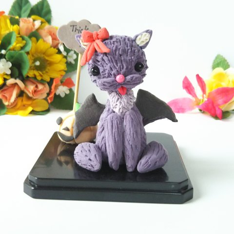 ハロウィン 紫猫 コウモリ 猫人形 ハロウィン置物