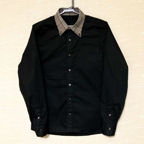 [Men's] ☆サイズ指定可☆黒シャツ×チェック柄襟  ☆メンズシャツ