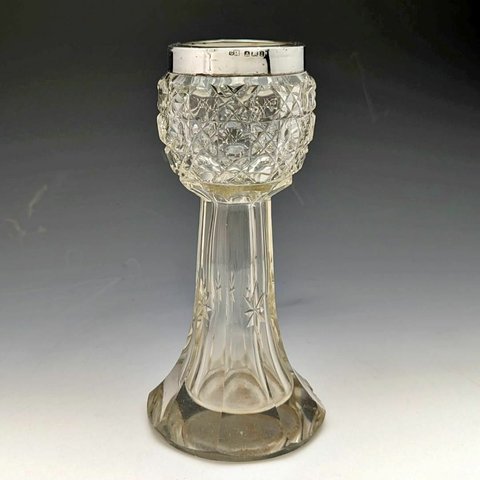 1910年 英国アンティーク 純銀装飾 カットグラス 花瓶 383g C C May & Sons