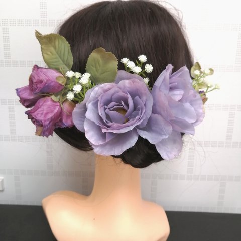 wedding🌸パープル系ヘッドドレス　髪飾り　結婚　成人式　薔薇　カスミソウ