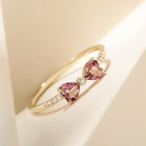 「可愛い」K18　天然トルマリン　ダイヤモンド　リボンの指輪　高級　鑑定書付き