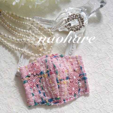 再再販　数量限定　マスク　ツイードマスク　お花刺繍　パール　春マスク　入園　入学　ホワイトデー　お上品　ピンク　華やか　