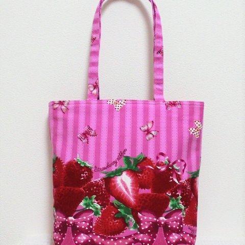 ◆フリーハンド◆Strawberry ribbon◆ストロベリーリボン・ピンク◆トートバッグ・ｴｺﾊﾞｯｸﾞに