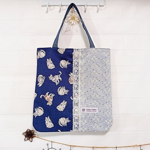 綿麻キャンバス トートバッグ ♡猫＆刺繍生地・レース♡