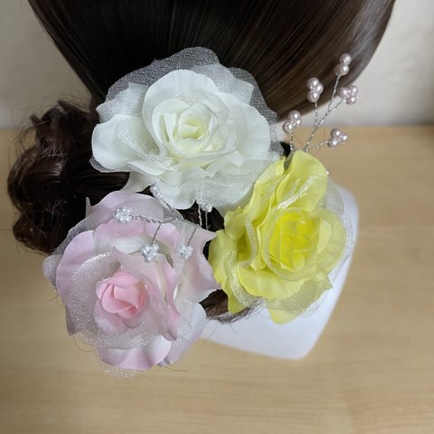 お花の髪飾り ヘアピン 造花 バラ パール No.37