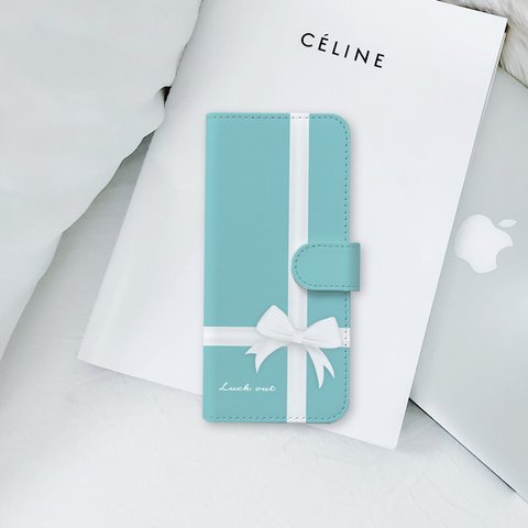 【iPhone15シリーズ対応】Gift♡ティファニーブルー風　手帳型ケース　ほぼ全機種対応　はめ込み式