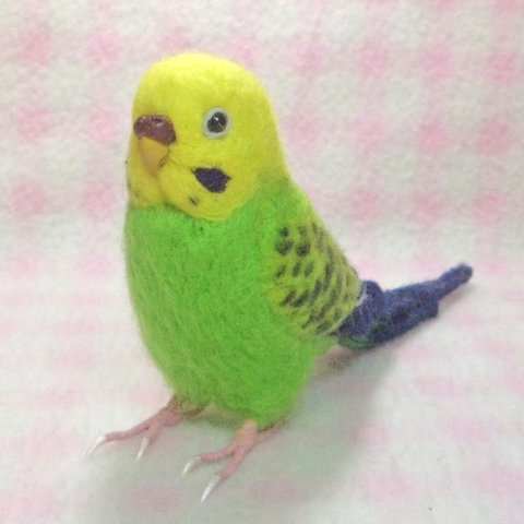 リアルサイズ♪ セキセイインコ グリーンオパ－リン  budgie 虎皮鸚鵡 羊毛フィギュア 羊毛フェルト 鳥のオブジェ リアルバード 受注制作