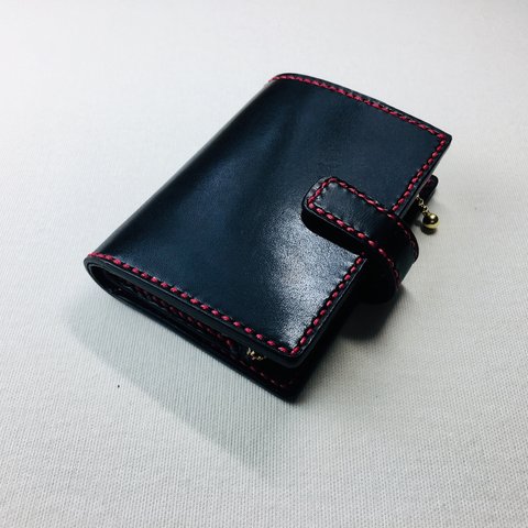 【手縫】黒色本革二つ折り財布（赤糸）