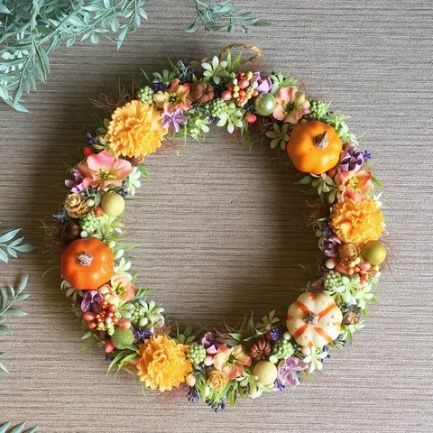 一点物【ハロウィンにも】mini pumpkin Autumn wreath　２４cm