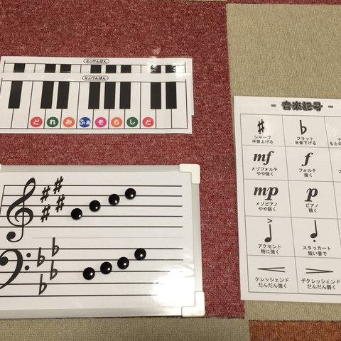 マグネット式五線譜ボード（グレー）、音楽記号表、ミニ鍵盤2枚セット