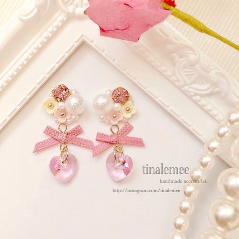 Pastel flower＊ribbon×swarovski heart.